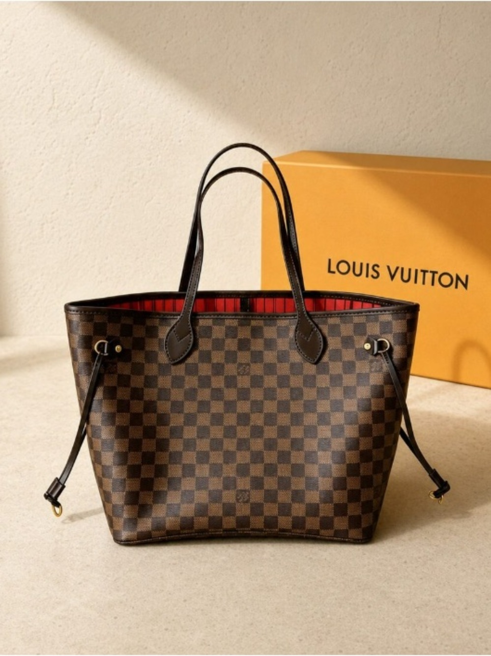 Louis Vuitton Brown Damier Ebene Neverfull Tote with Red Interior